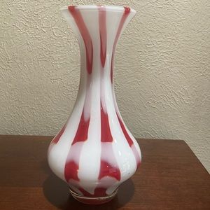 Handblown Murano Style Red and White Striped Art Vase